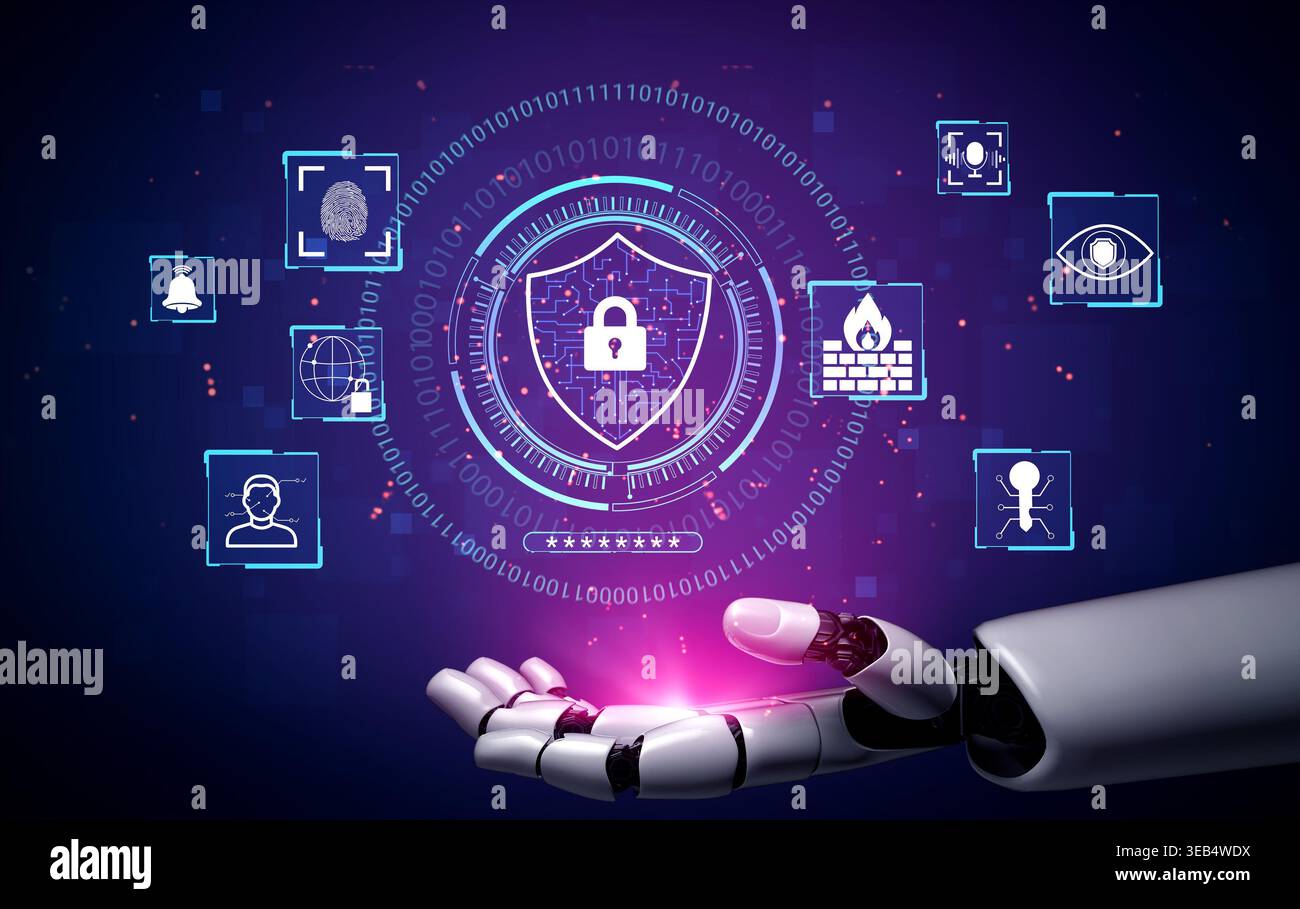 Futuristic Robotic Hand Displaying Digital Security Symbols with Binary Code Background for Cybersecurity Concept Quark. Stock Photo