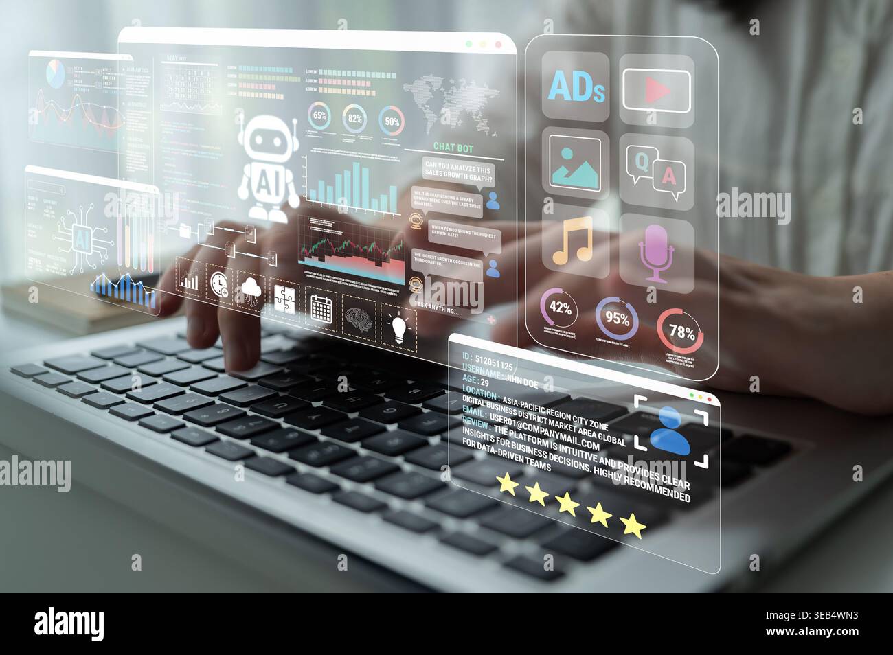 Futuristic Digital Interface with Data Analysis and AI Technology Enhancements on Laptop Screen in Modern Workspace Environment Fluxor. Stock Photo