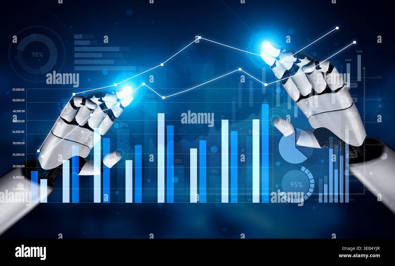 A detailed image of robotic hands interacting with data graphs and ...