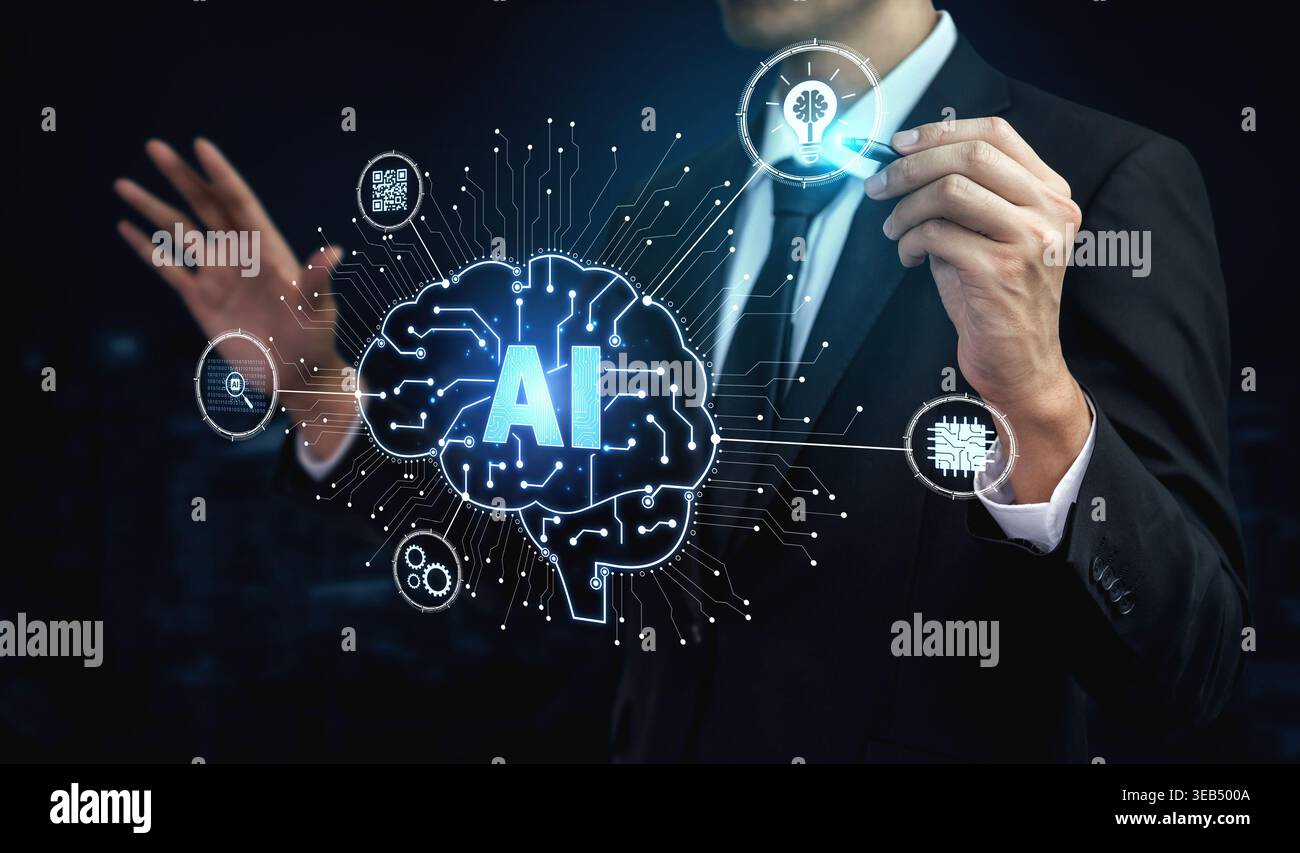 Artificial intelligence models neural signals for deep learning and cognitive computing. Train artificial intelligence to improve recognition Stock Photo