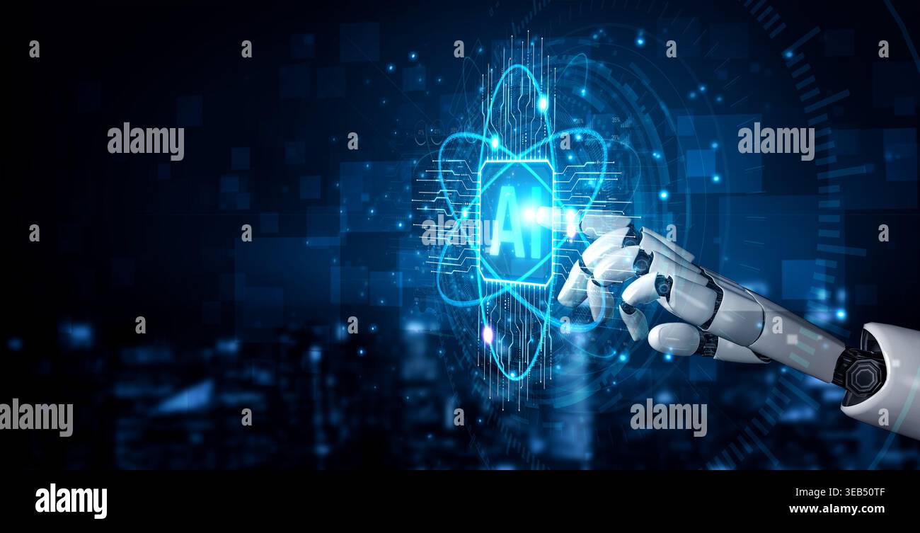 Futuristic Robot Hand Interacting with Artificial Intelligence Symbol ...