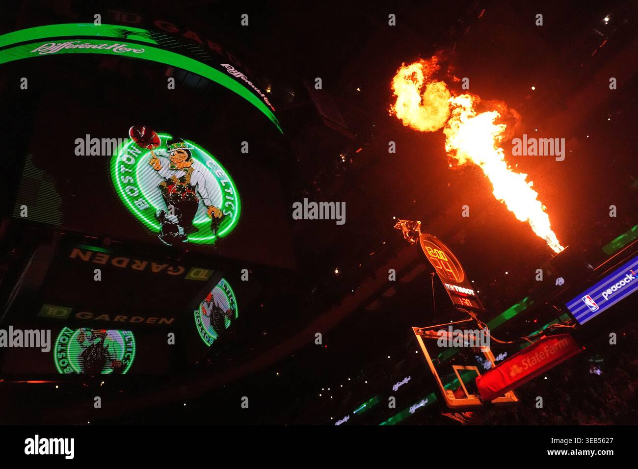 Pyro flames shoot from the basket support prior to Game 2 of a first ...