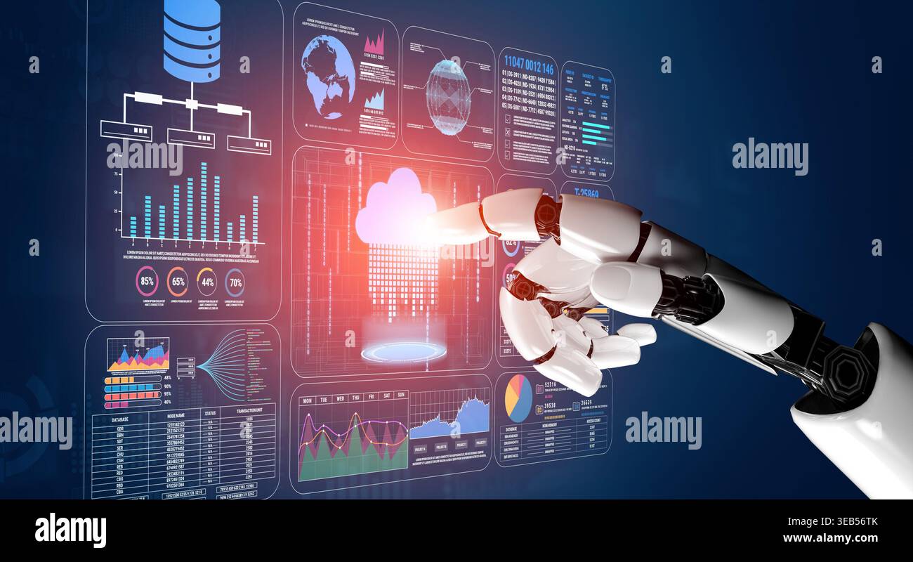 Futuristic Robot Hand Interacting with Data Analytics Dashboard and Cloud Computing Interface in Modern Digital Environment Fluxor. Stock Photo