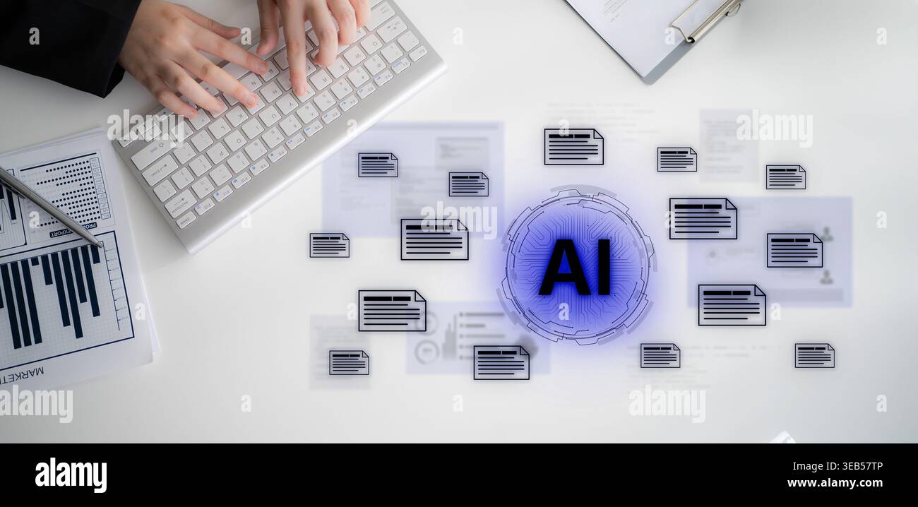 AI document automation concept with floating files and knowledge cards. Document NLP processing, search, document summarization, LLM document Stock Photo