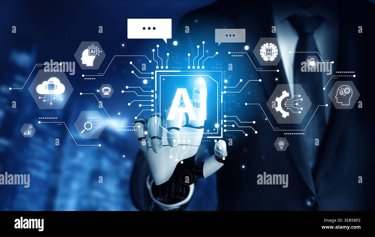 A generative AI assistant showcases its cognitive platform. This system powers conversational chatbots and intelligent cloud data processing for user Stock Photo