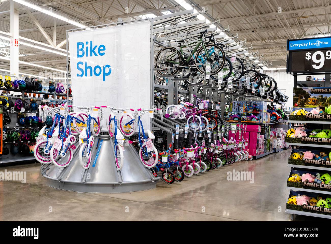 Walmart Supercenter Bike Shop Department Interior Featuring Bicycle Sales Assembly And Accessories Display In Retail Store Stock Photo
