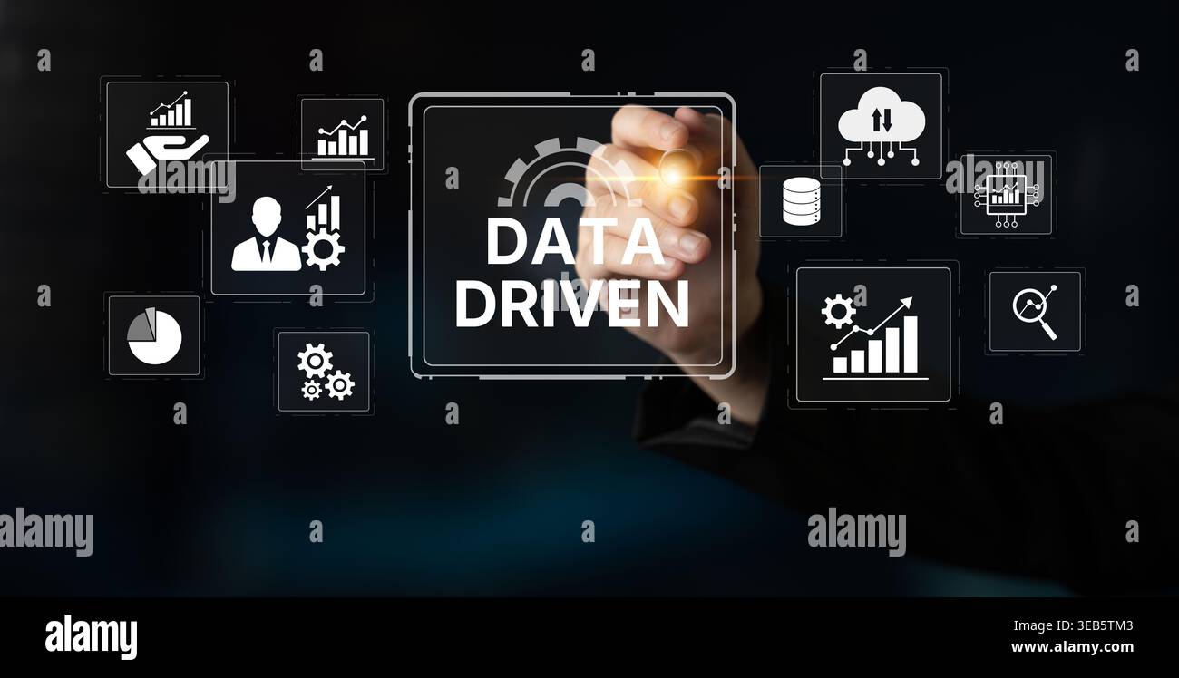 Data-driven decision-making empowers business through analytics, datum collection, and AI systems. Data driven tools support cloud data processing and Stock Photo