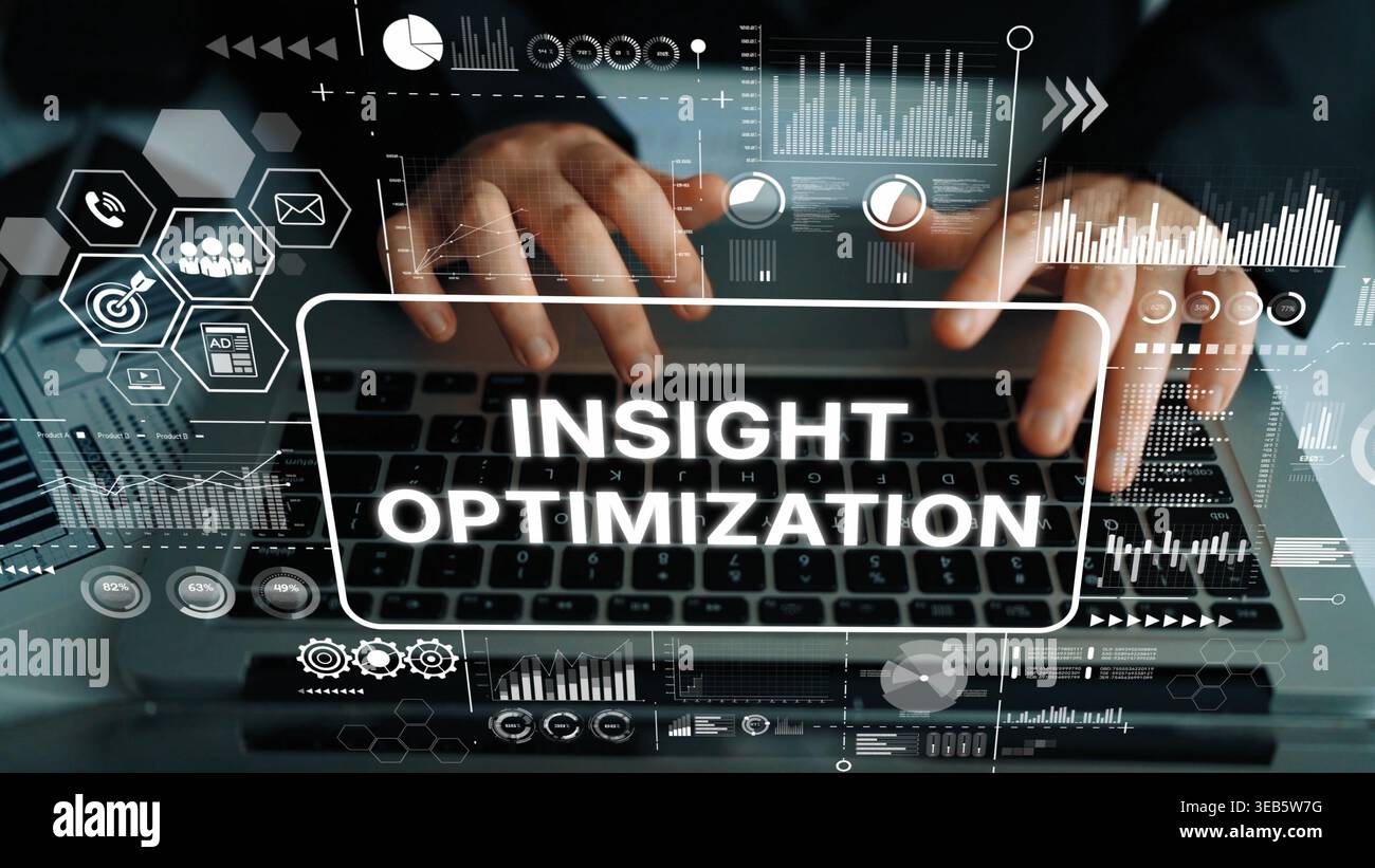 Hands on Keyboard with Digital Graphs and Text Insight Optimization for Data Analysis and Performance Improvement. Asymptotic smart data analytic. Stock Photo
