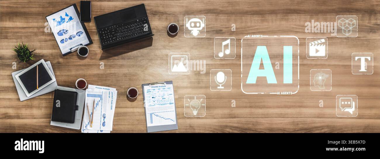 Modern Workspace with Artificial Intelligence Elements and Digital Tools for Business and Technology Research and Development Quark. Stock Photo