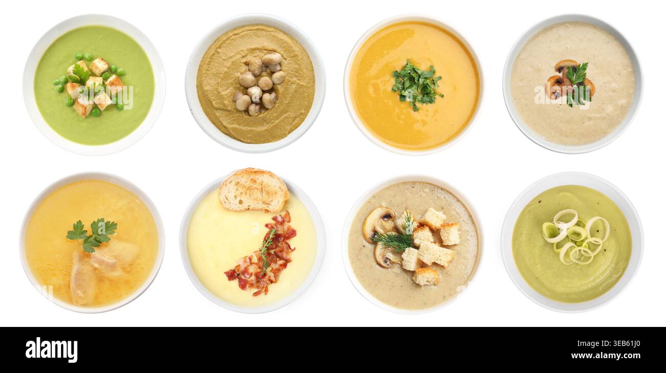 Different tasty soups in bowls isolated on white, collage. Top view Stock Photo