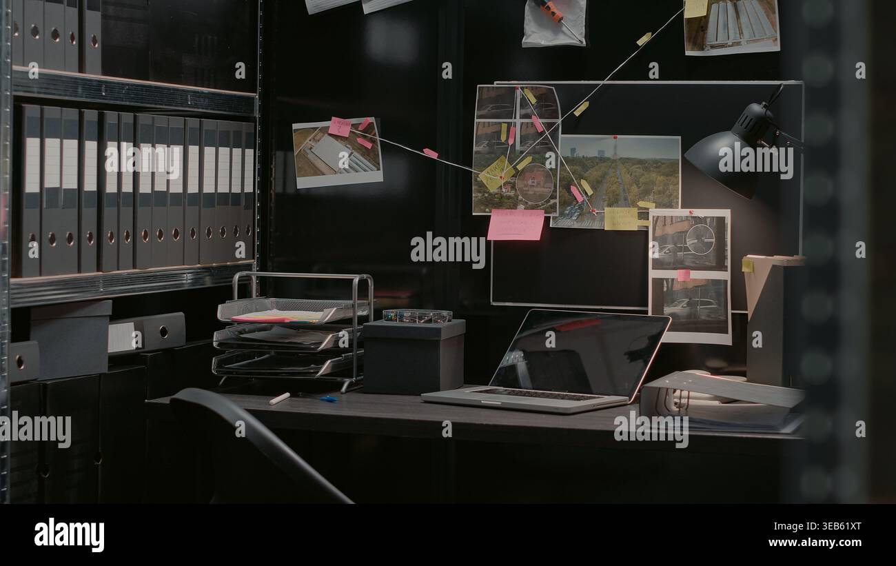 Police investigation office with research board and desk, criminal ...