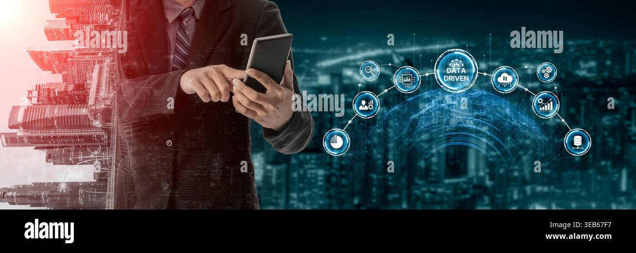 Data-driven decision-making empowers business through analytics, datum collection, and AI systems. Data driven tools support cloud data processing and Stock Photo
