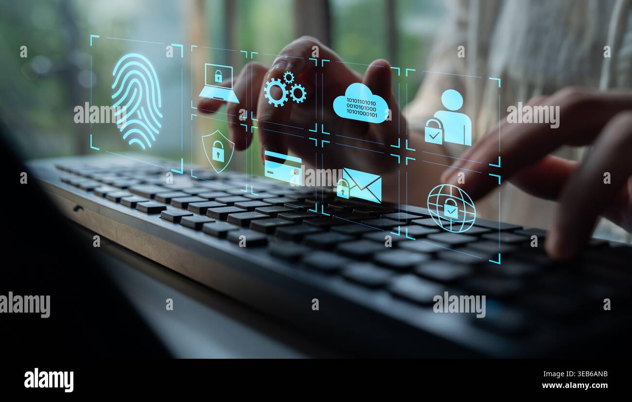 System for safeguarding digital identity using fingerprint authentication, encryption, and secure access protocols across cloud, device, and personal Stock Photo