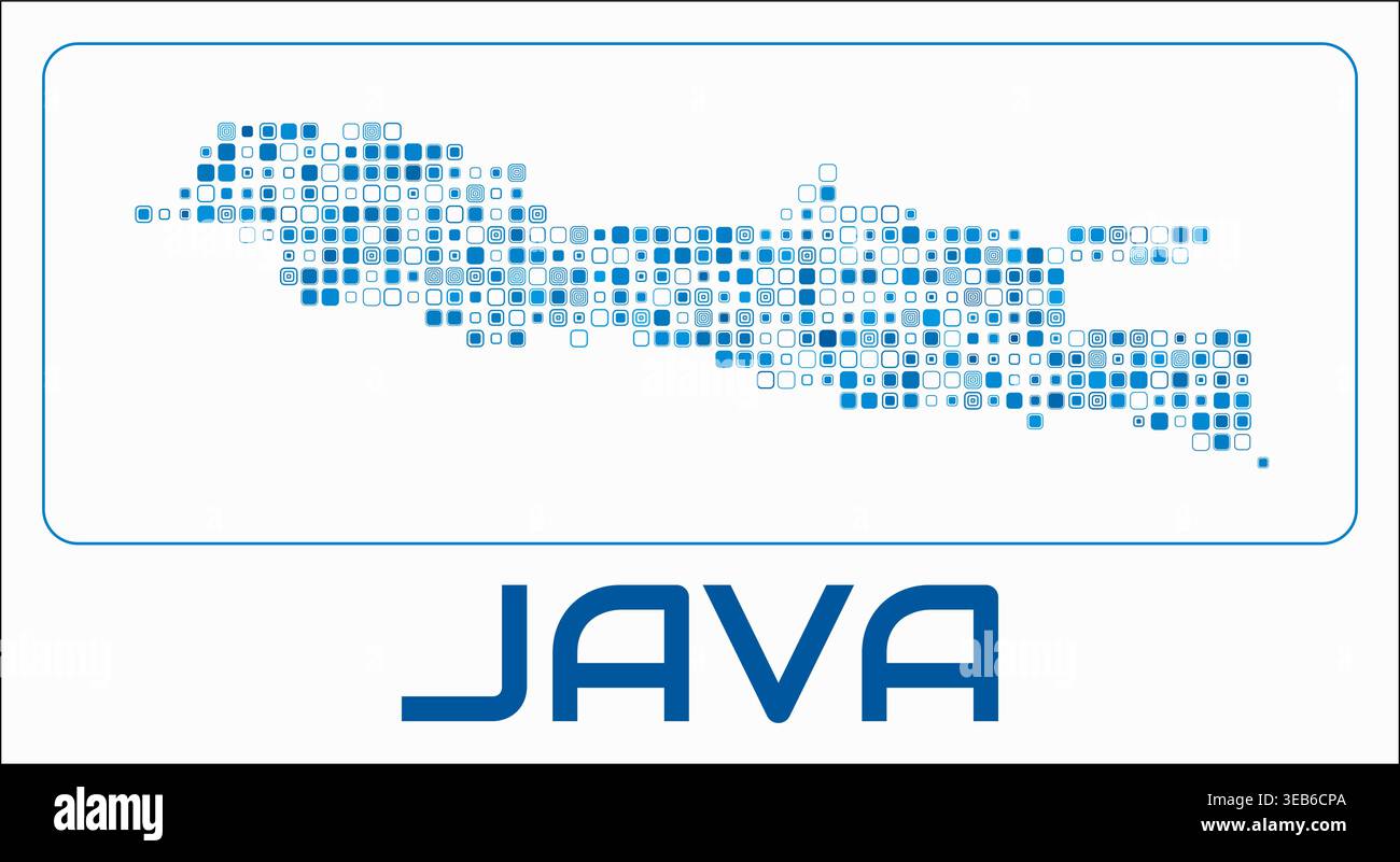 Java digital style map. Small rounded square dots on white background. Dotted shape of the island. Java map and title. Classy vector illustration. Stock Vector