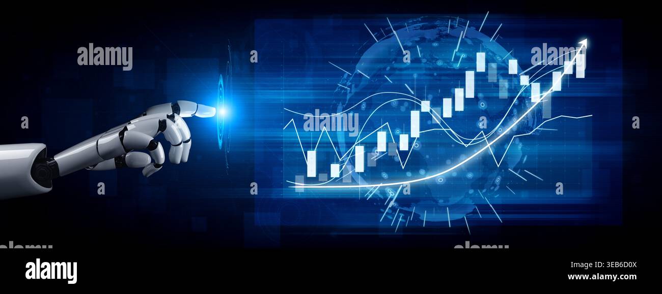 A robotic hand touches an interactive digital screen displaying stock market data and growth graphs, symbolizing advanced technology in finance Stock Photo