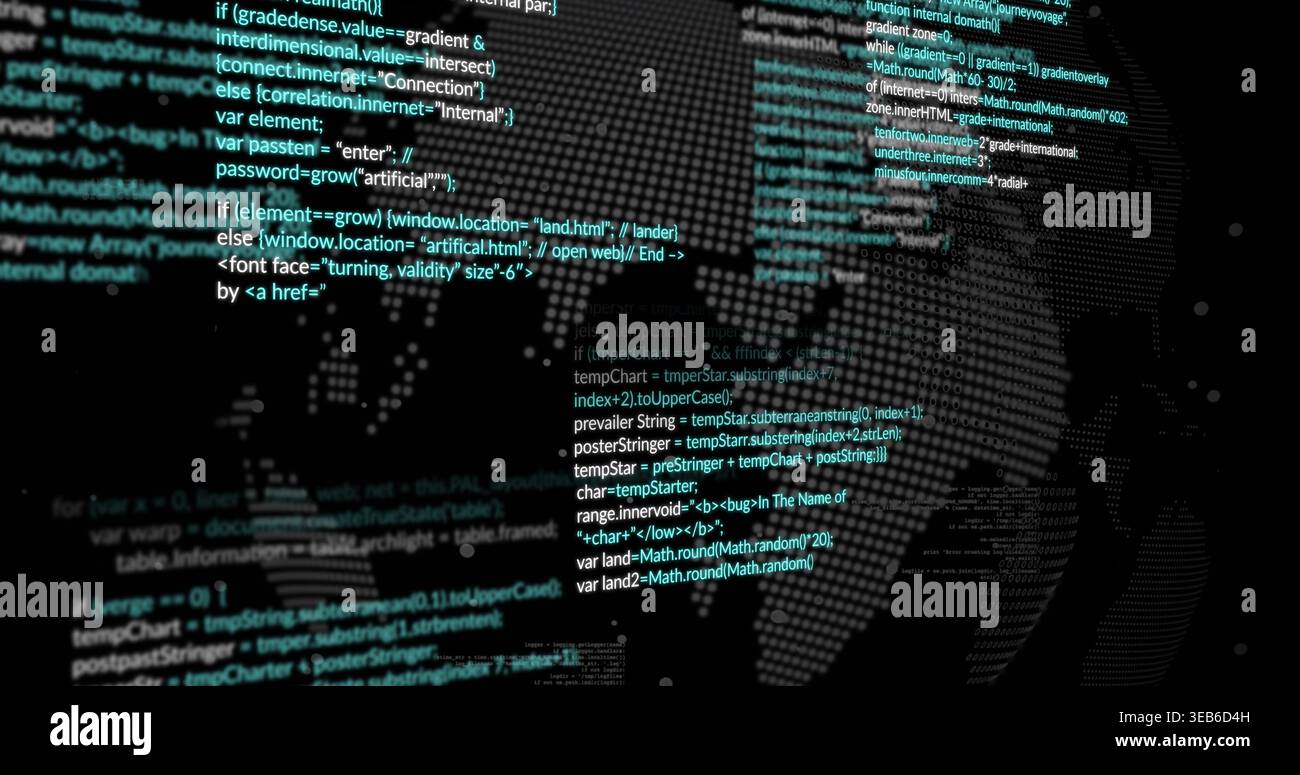Displaying centered dotted globe with code block pulsing on dark screen with monospace highlights Stock Photo