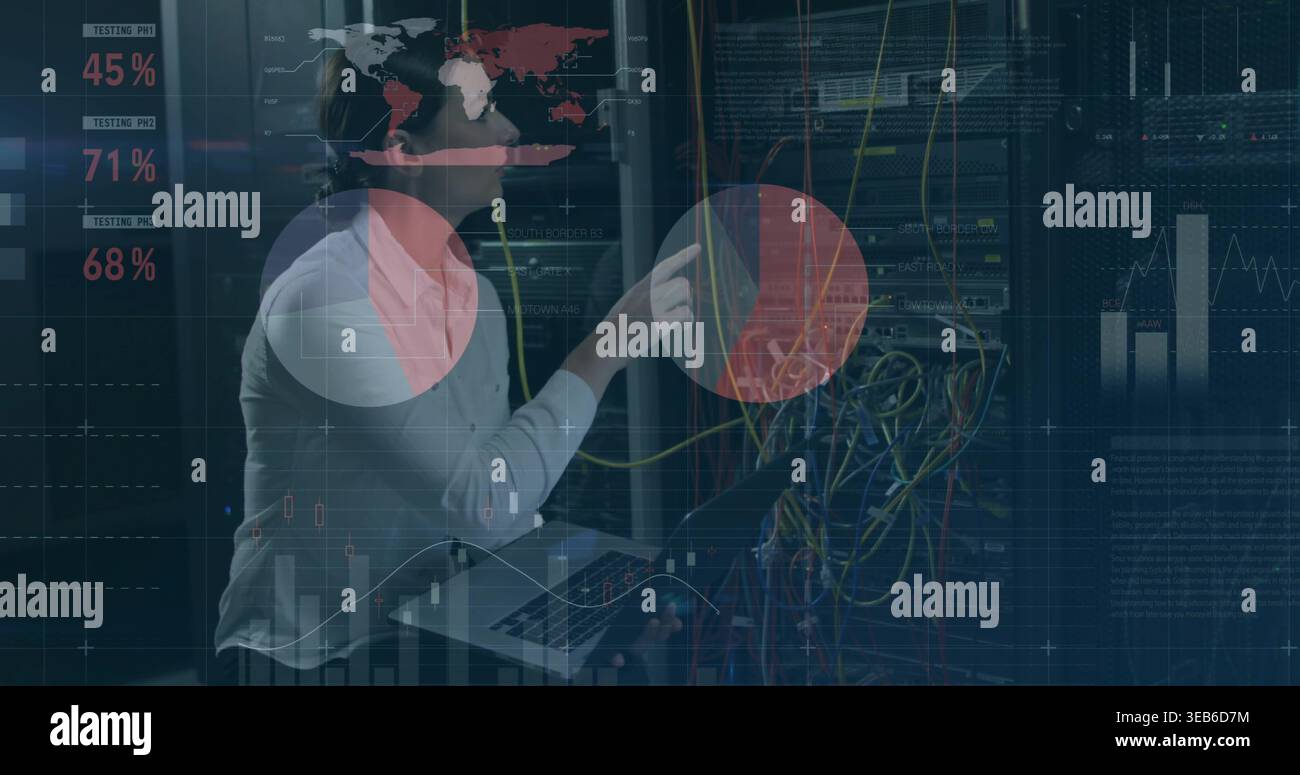 Inspecting tech in sweater in datacenter aisle, checking server rack with cables and overlays Stock Photo