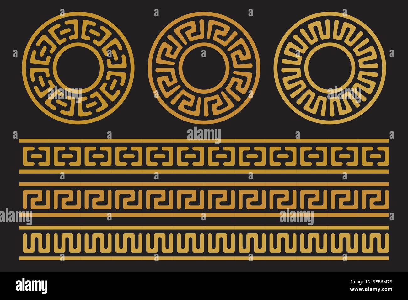 Golden geometric meander patterns and borders set offers elegant design elements This classic golden ornamental collection is ideal for luxury backgro Stock Vector