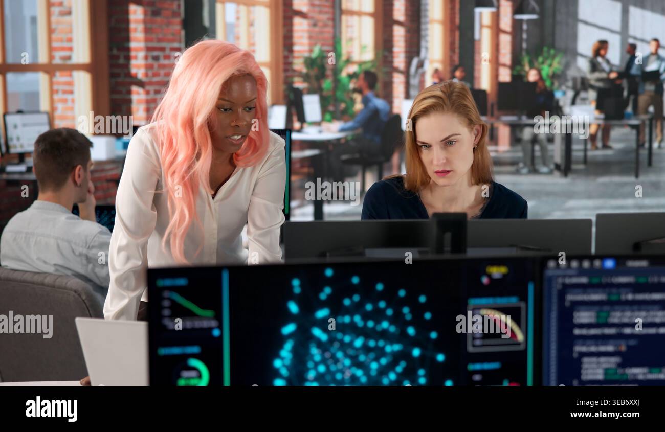 Programmer Leads Diverse Team Analyzing AI Training Data For Future Solutions. Stock Photo
