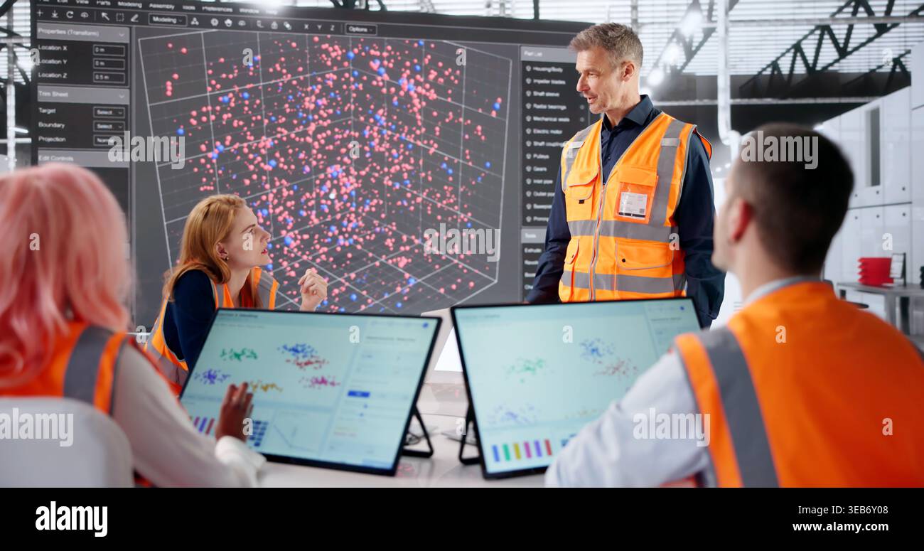 Data Scientist Leads Diverse Team Analyzing Industrial Mining Automation Systems. Stock Photo