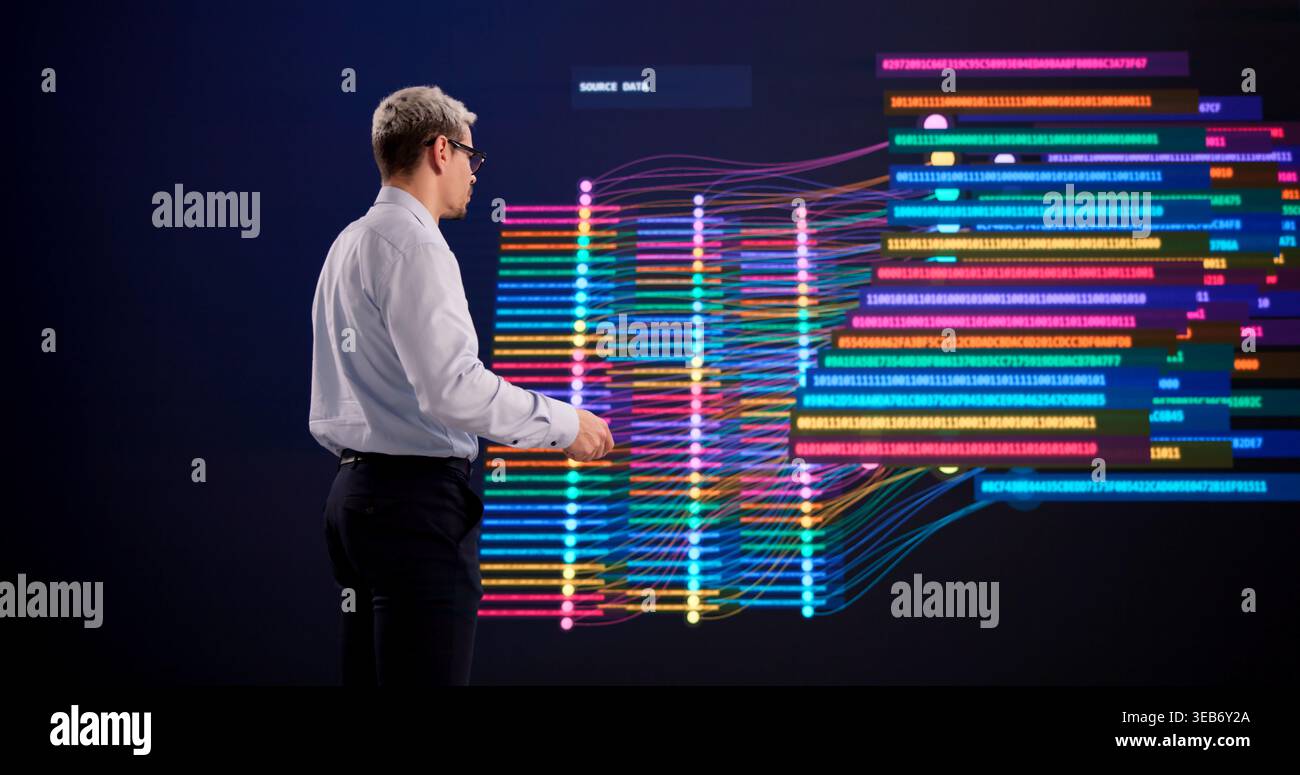 Hispanic Man Exploring Big Data Clustering On A High-Tech Interactive Display Stock Photo