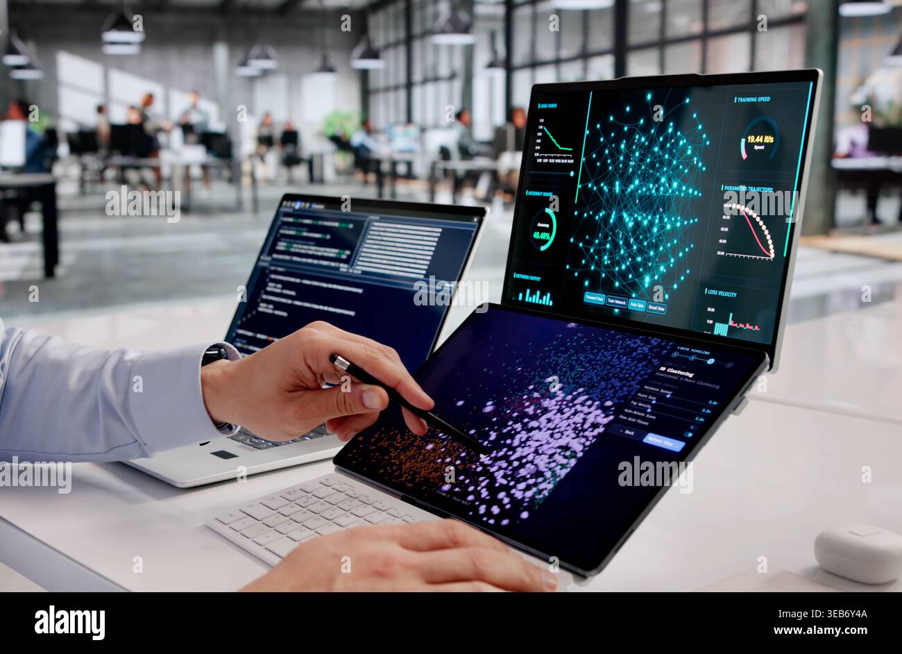 Latino Data Scientist Working On Machine Learning Models And Big Data Clustering For Enhanced Business Analytics Stock Photo