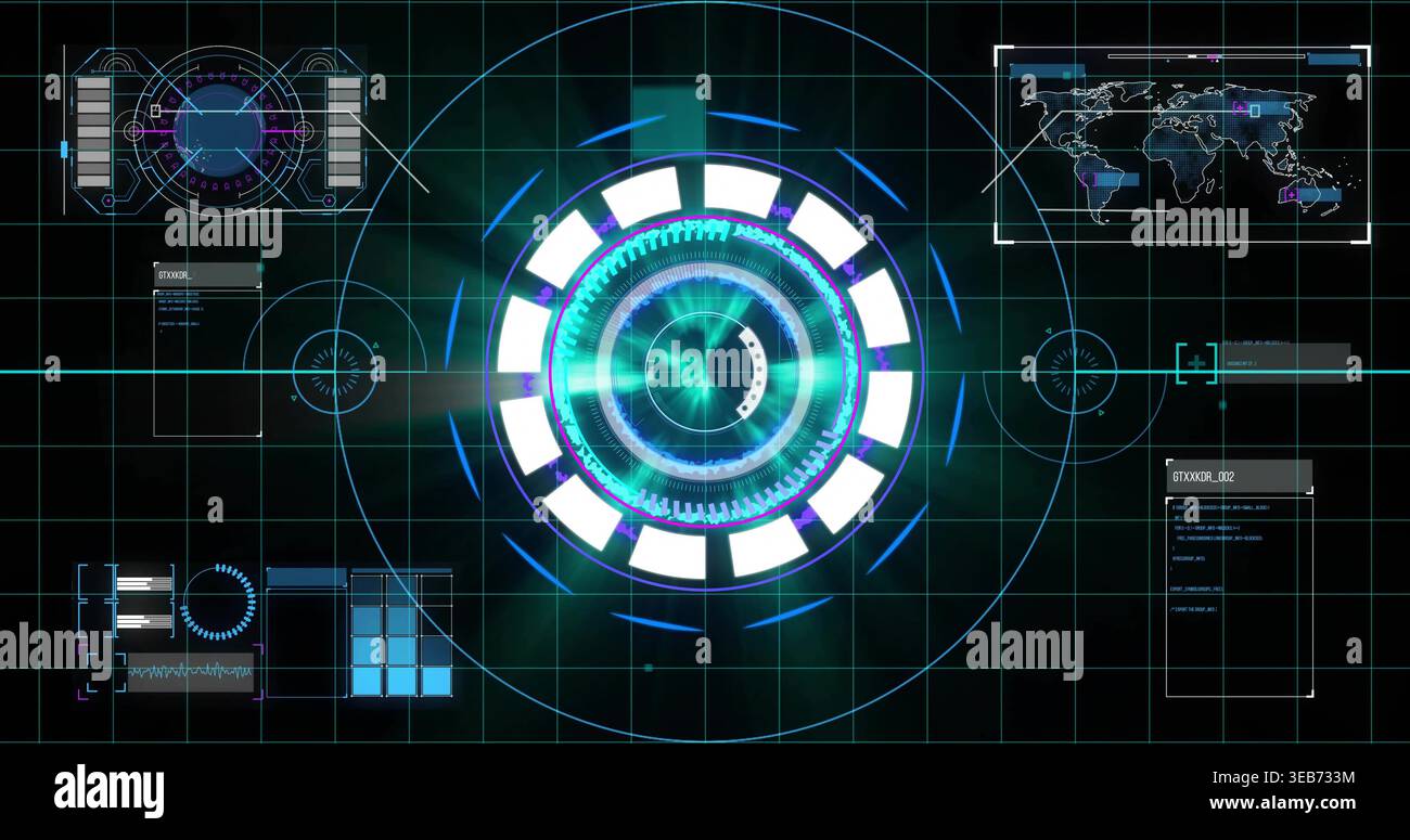 Displaying central holo circular HUD rotating on control console, showing grid, map, graphs, panel Stock Photo