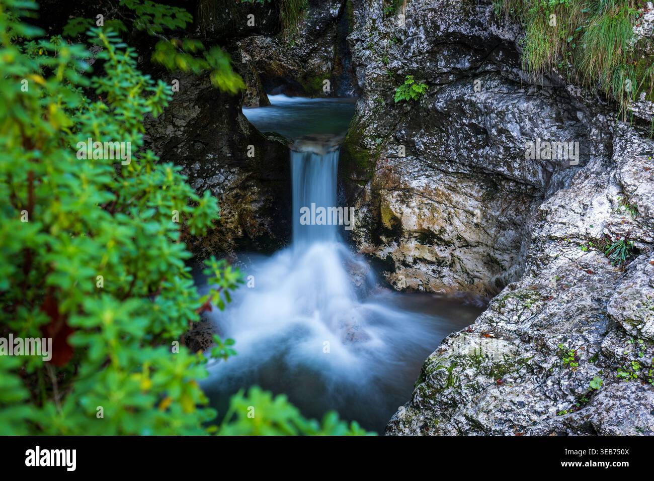 10 September 2022: View of a small waterfall cascading between mossy rocks and lush green foliage in a secluded forest ravine. Stock Photo