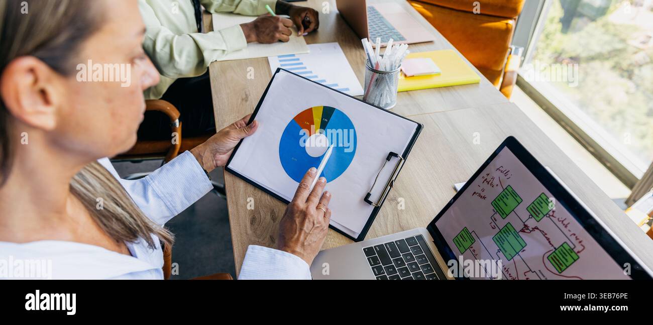 Analysts examining visual data representations with digital tools present Stock Photo
