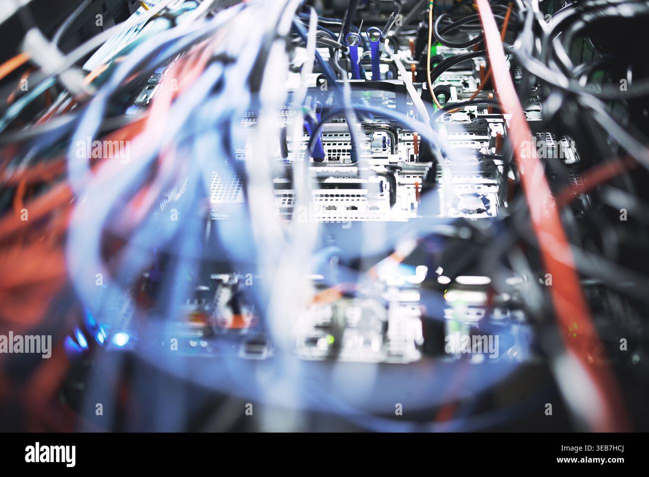 Closeup, rack and mainframe cables in server room for database, IT infrastructure and backup system. Hardware, ethernet and optical panel with Stock Photo