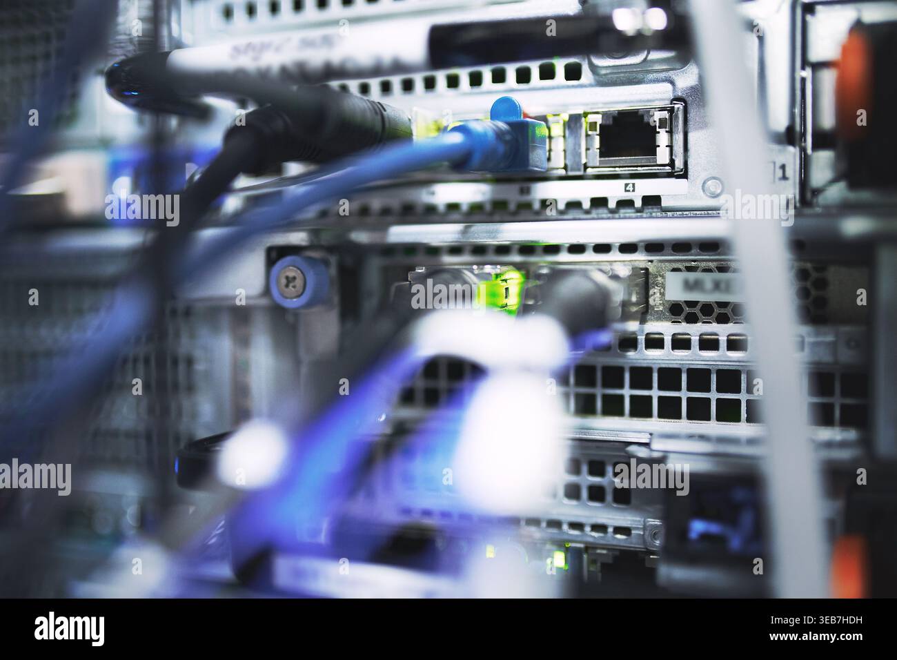 Closeup, rack and ethernet cables in server room for database, IT infrastructure and backup system. Dashboard, mainframe or optical panel with Stock Photo