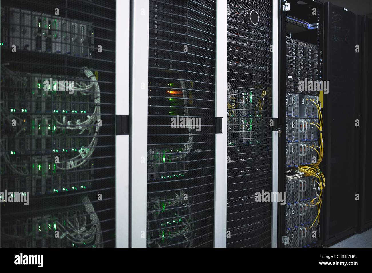 Storage, servers and mainframe in empty data center for cybersecurity, IT hardware and infrastructure. Interior, cables or database machine for power Stock Photo