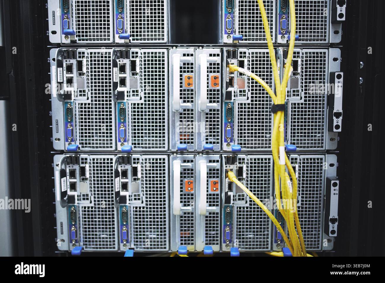 Storage, servers and cables in empty data center for cybersecurity, IT hardware and infrastructure. Mainframe, wires and database machine for power Stock Photo
