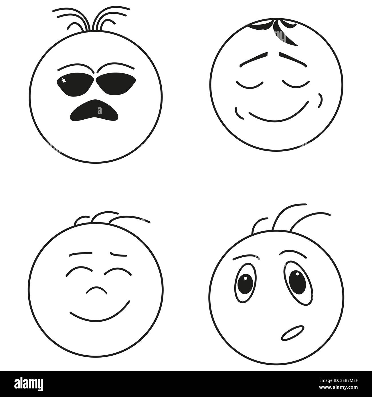 Small emoji icons. 4 faces collection. Different emotions vector. Four character heads. EPS 10. Stock Vector