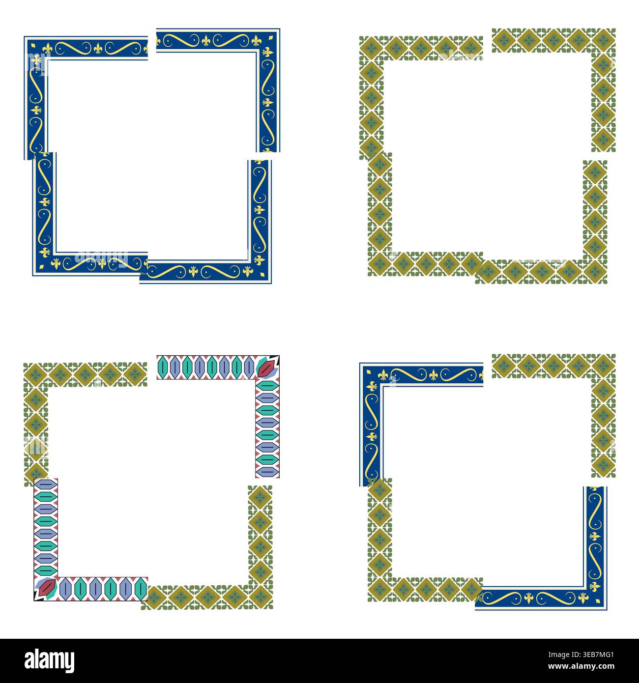 Mosaic square frames. Colorful border set. Vector pattern strokes. Geometric box icons Stock Vector