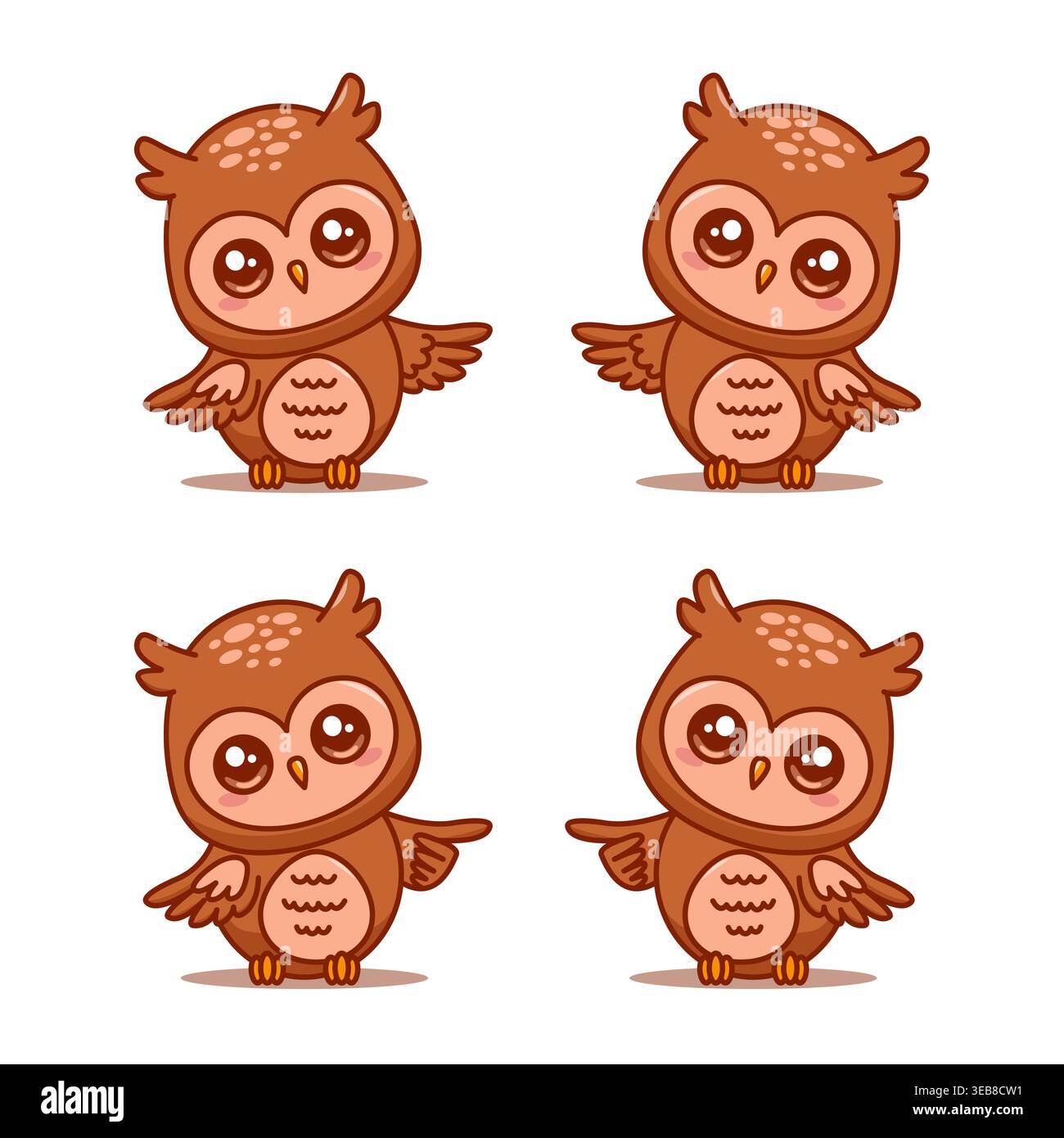 Cute owls pointer set pointing with wing cartoon character vector isolated on white Stock Vector