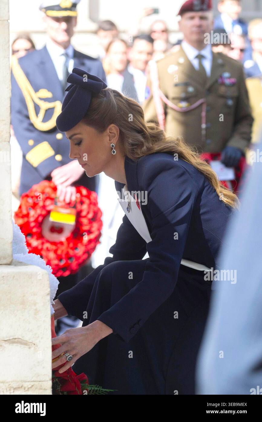 The Princess of Wales lays a wreath during a wreath laying ceremony and parade commemorating Anzac Day at the Cenotaph in Whitehall, central London. Picture date: Saturday April 25, 2026. Stock Photo
