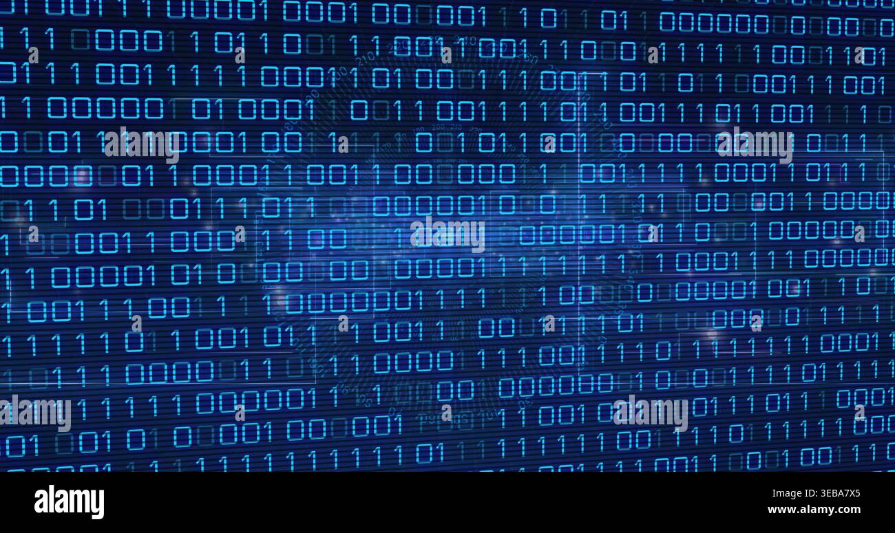 Displaying glowing blue binary digits on digital display, showing grid, scan lines, circuit texture Stock Photo
