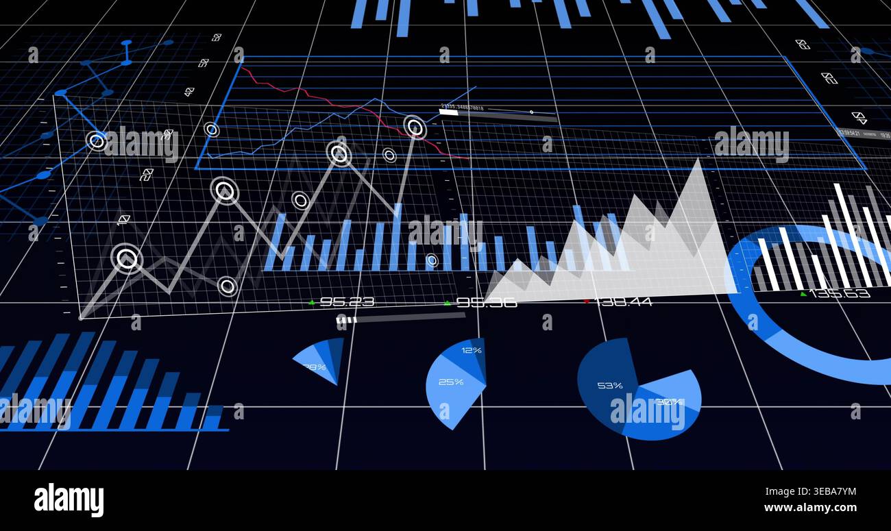 Displaying 3D data visual on dark grid plane, showing circled line points, bars, numeric labels Stock Photo