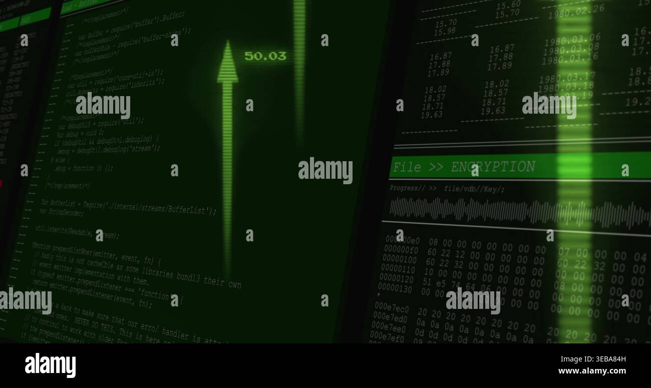 Displaying vertical monitors showing green code at ops room with 50 Stock Photo