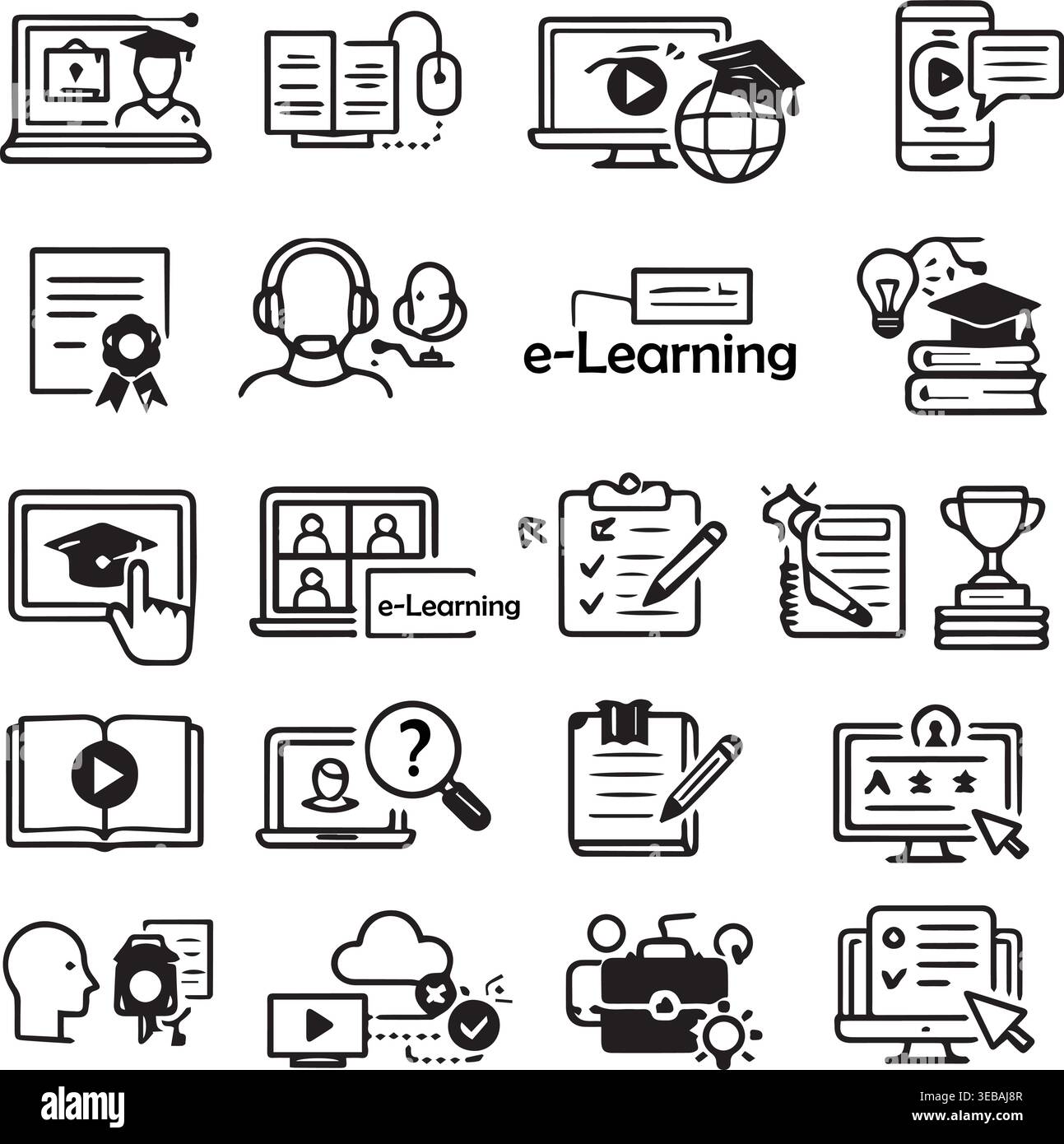 E-learning and online education icons: graduation cap laptop books ...