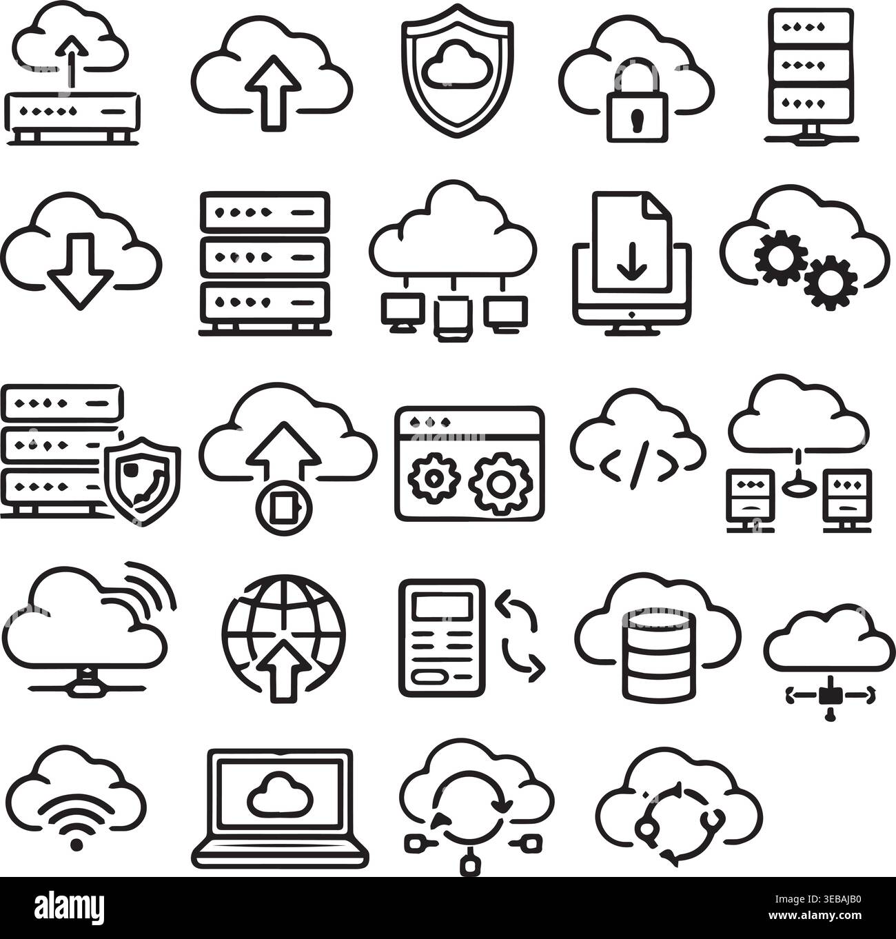 Cloud computing and technology icons servers clouds data transfer security symbols with line art cloud sync computing internet. Stock Vector