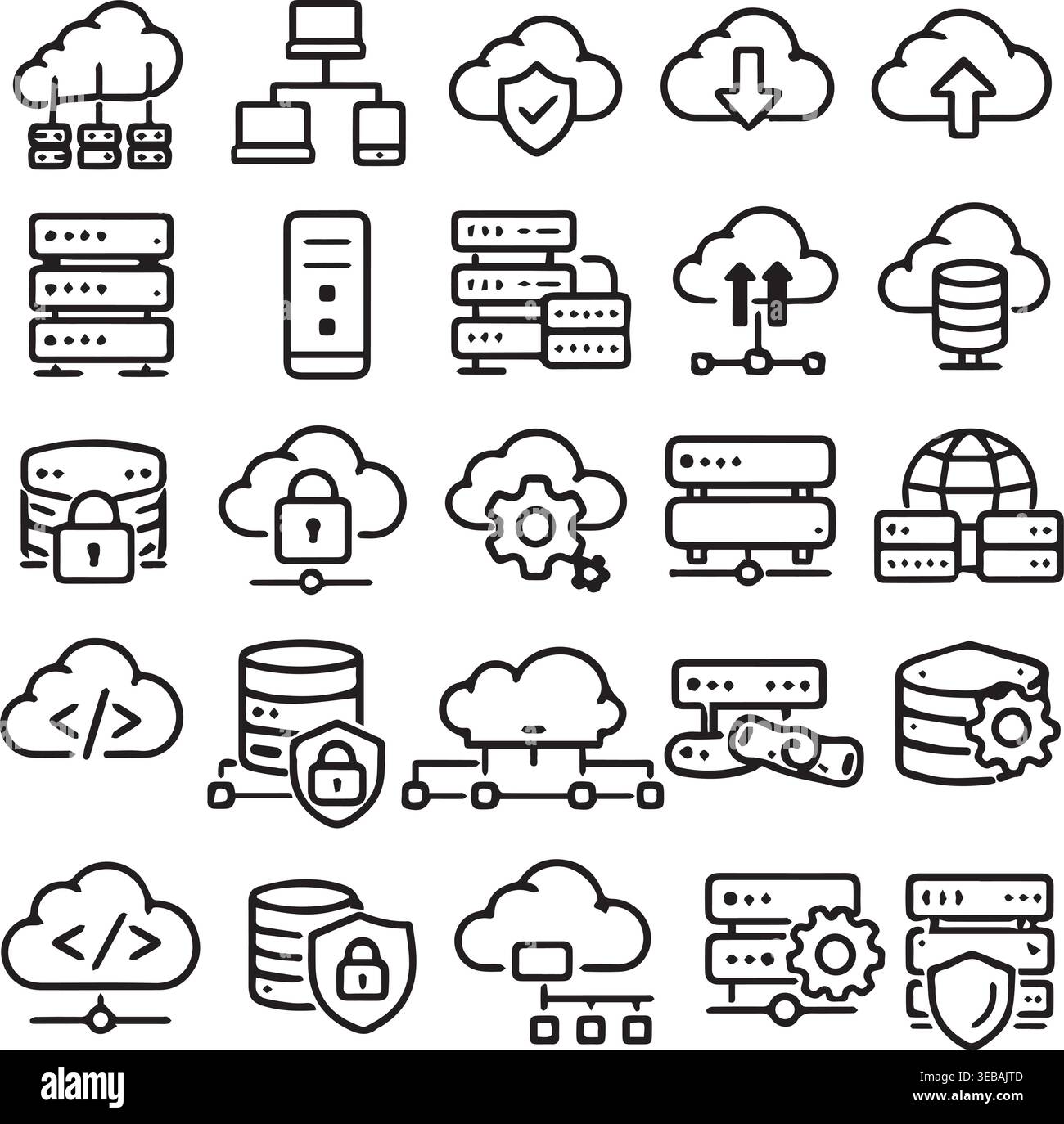 Cloud technology and server icons representing data storage security network connections with line art cloud computing security. Stock Vector