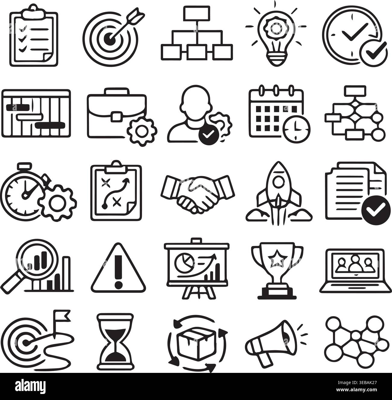 Business and strategy icons: checklist target organization chart idea lightbulb clock handshake rocket launch with business. Stock Vector