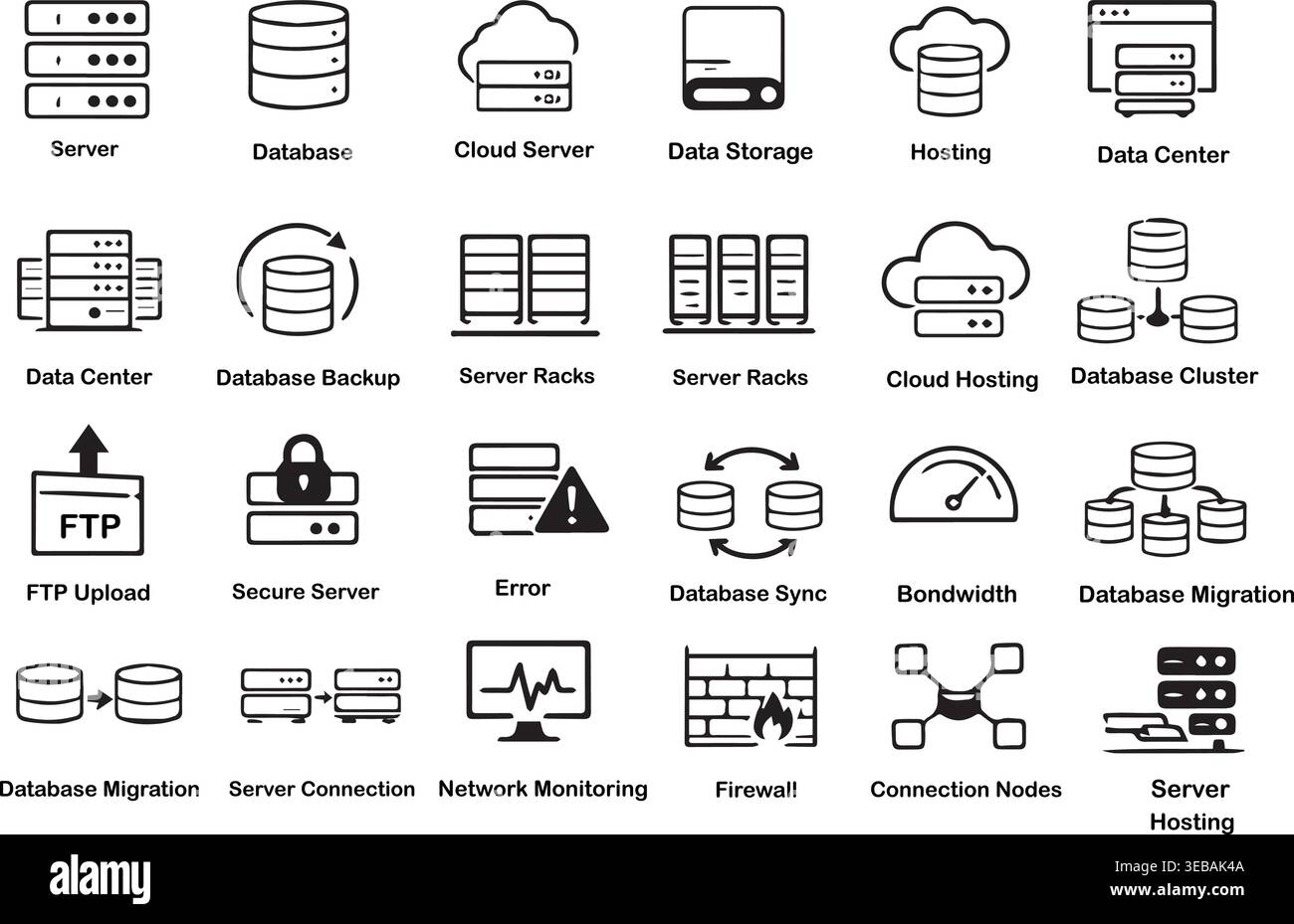 Server and data center icons collection with server room computer screen storage device hard drive server cluster big data. Stock Vector