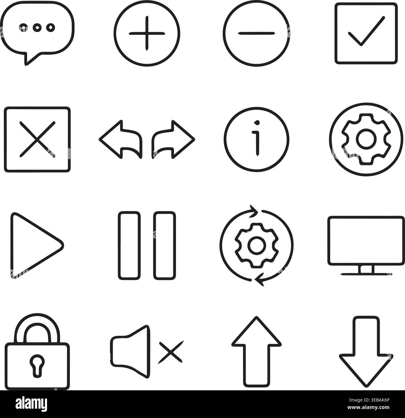 Basic control and navigation icons set outline with navigation checkmark information settings computer software collection. Stock Vector