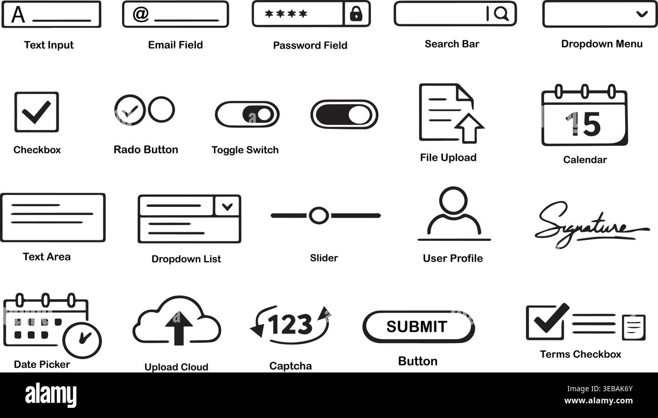 User interface and web form elements icons set outline with search bar interface username password dropdown checkbox. Stock Vector