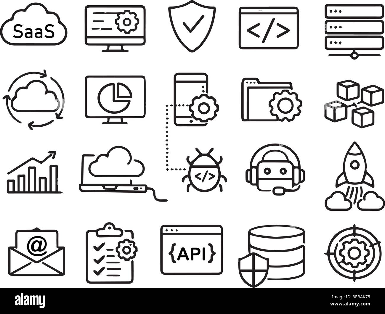 Cloud computing and software development icons set with security database business analytics settings monitoring strategy. EPS file. Stock Vector
