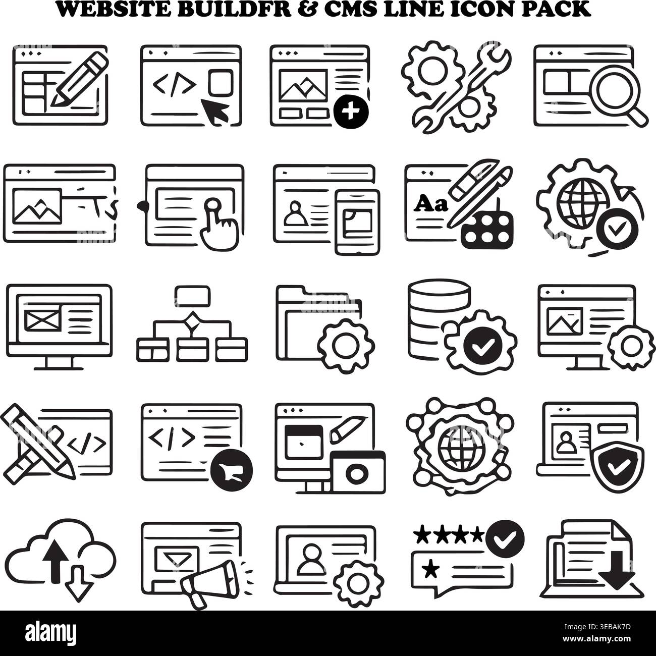 Website builder and cms line icon pack with web design content management system user interface magnifying glass development. Stock Vector