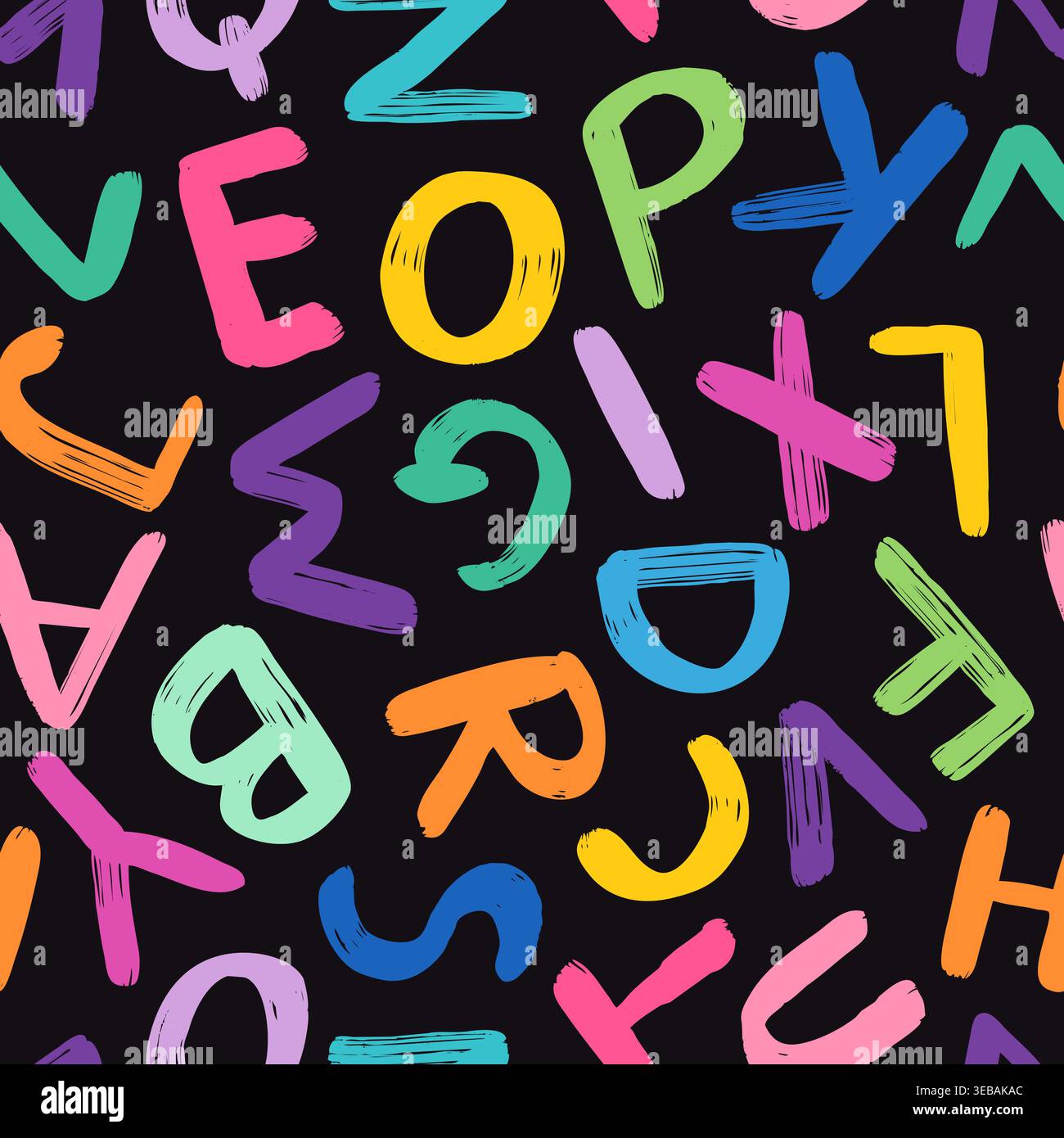Colorful alphabet on dark background vector seamless pattern, Hand painted vibrant letters for kids designs, education resources Stock Vector